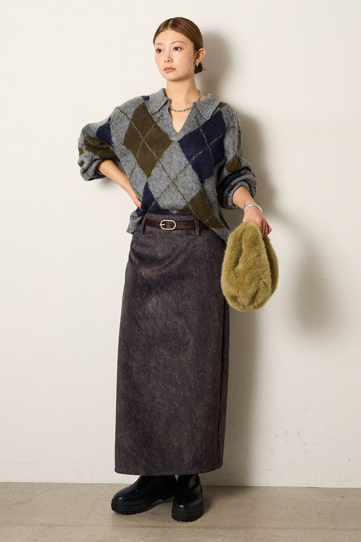 [SET]アクリルモヘアアーガイルキーネックプルオーバー+ロープベルト付きスウェード調スカート(2set)