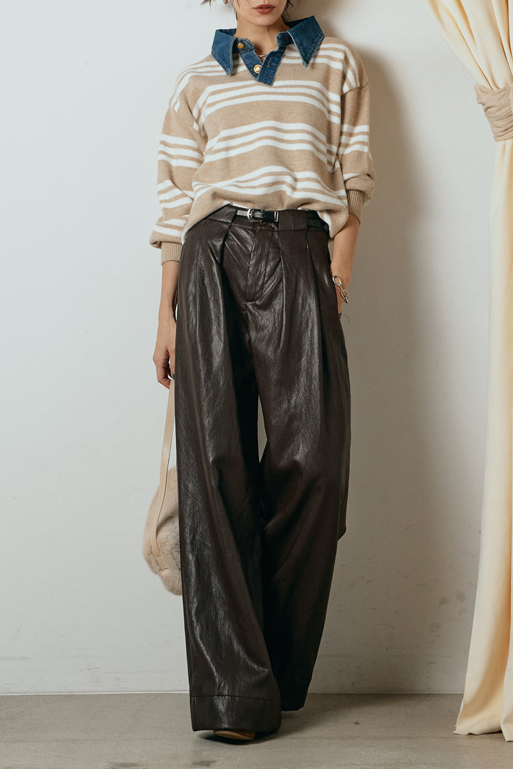 [SET]デニムレイヤード風ランダムボーダーニットプルオーバー+ベルト付きレザーライクタックパンツ(2set)