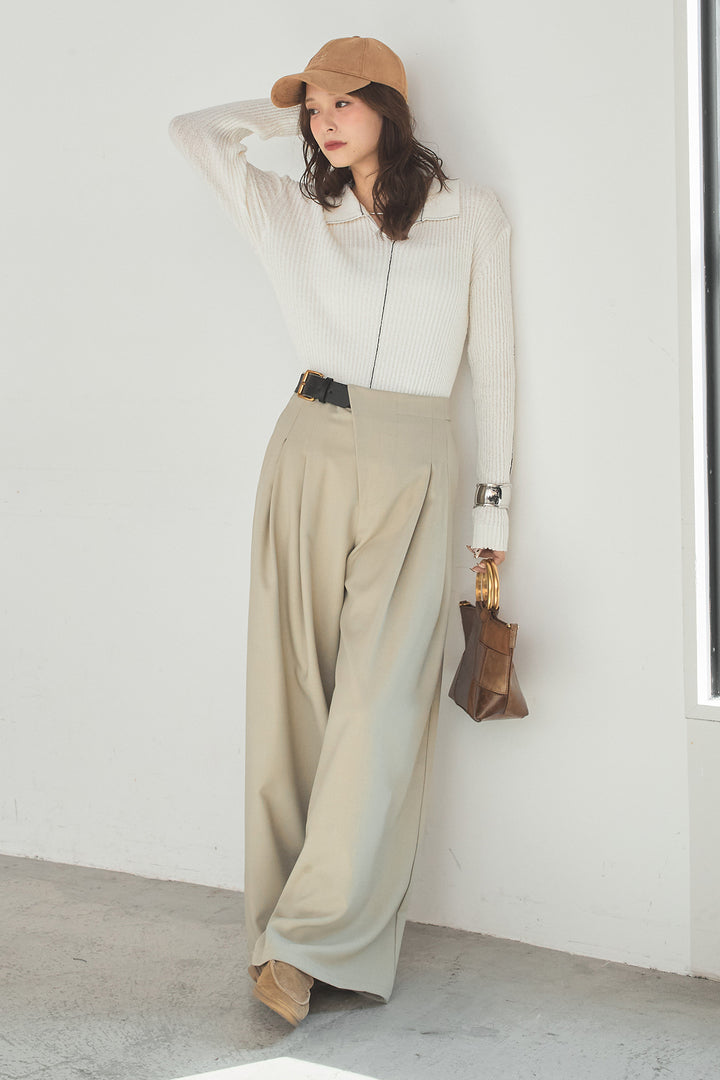 [SET]衿付きニットプルオーバー+サイドベルトタック入りスラックス(2set)