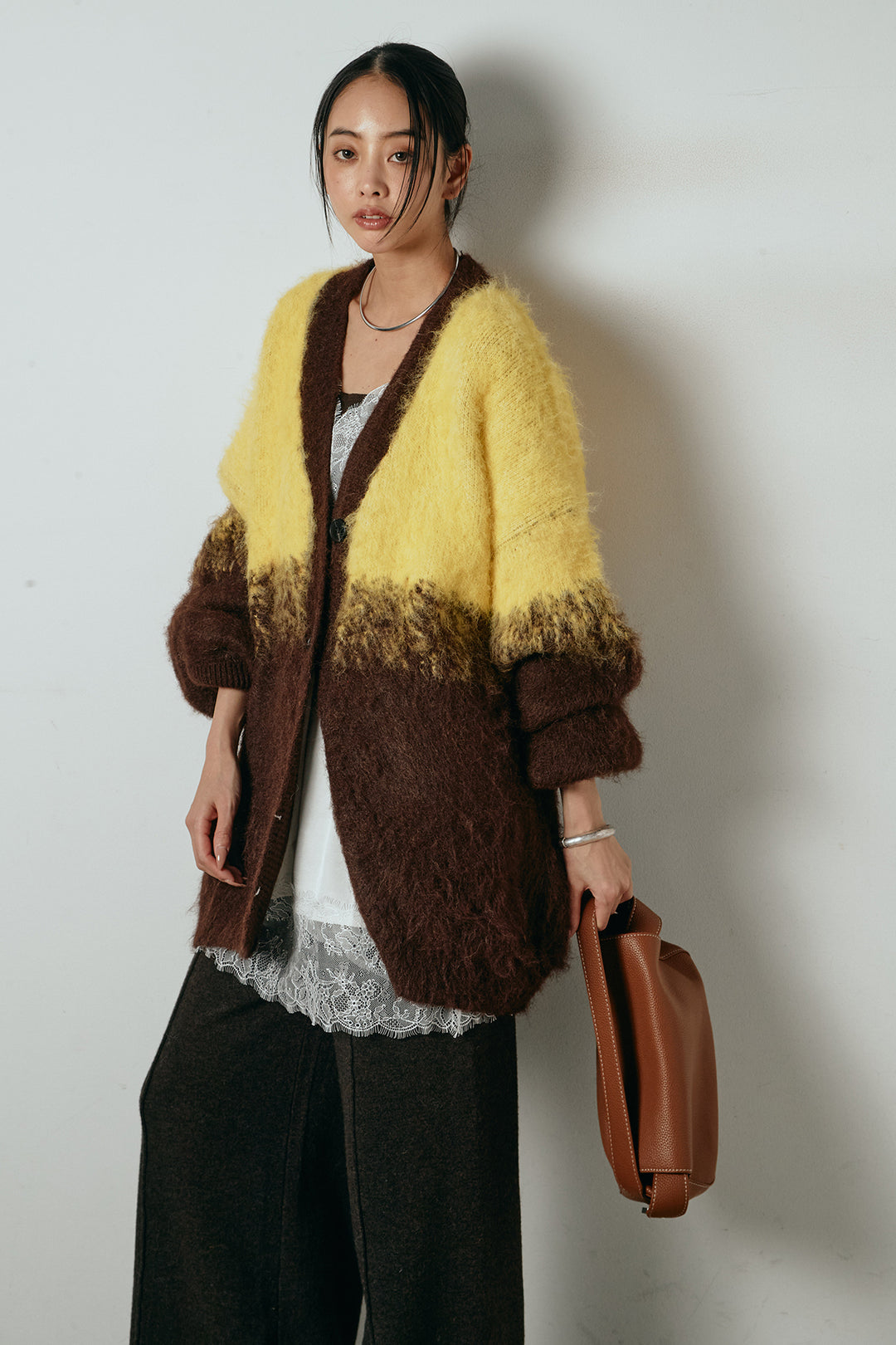 [SET]起毛グラデーションニットカーディガン+レース切り替えキャミソール(2set)