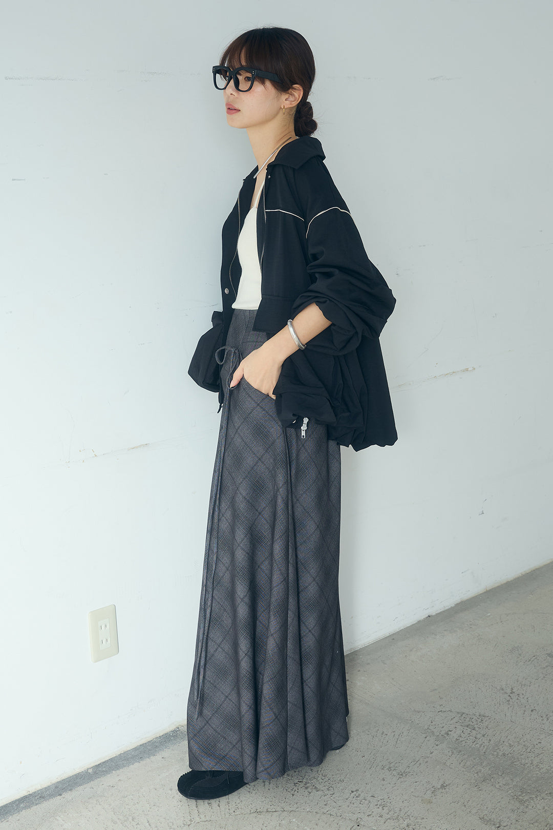 [SET]合繊ツイルバルーンジャケット+タータンチェック柄フロントデザインスカート(2set)