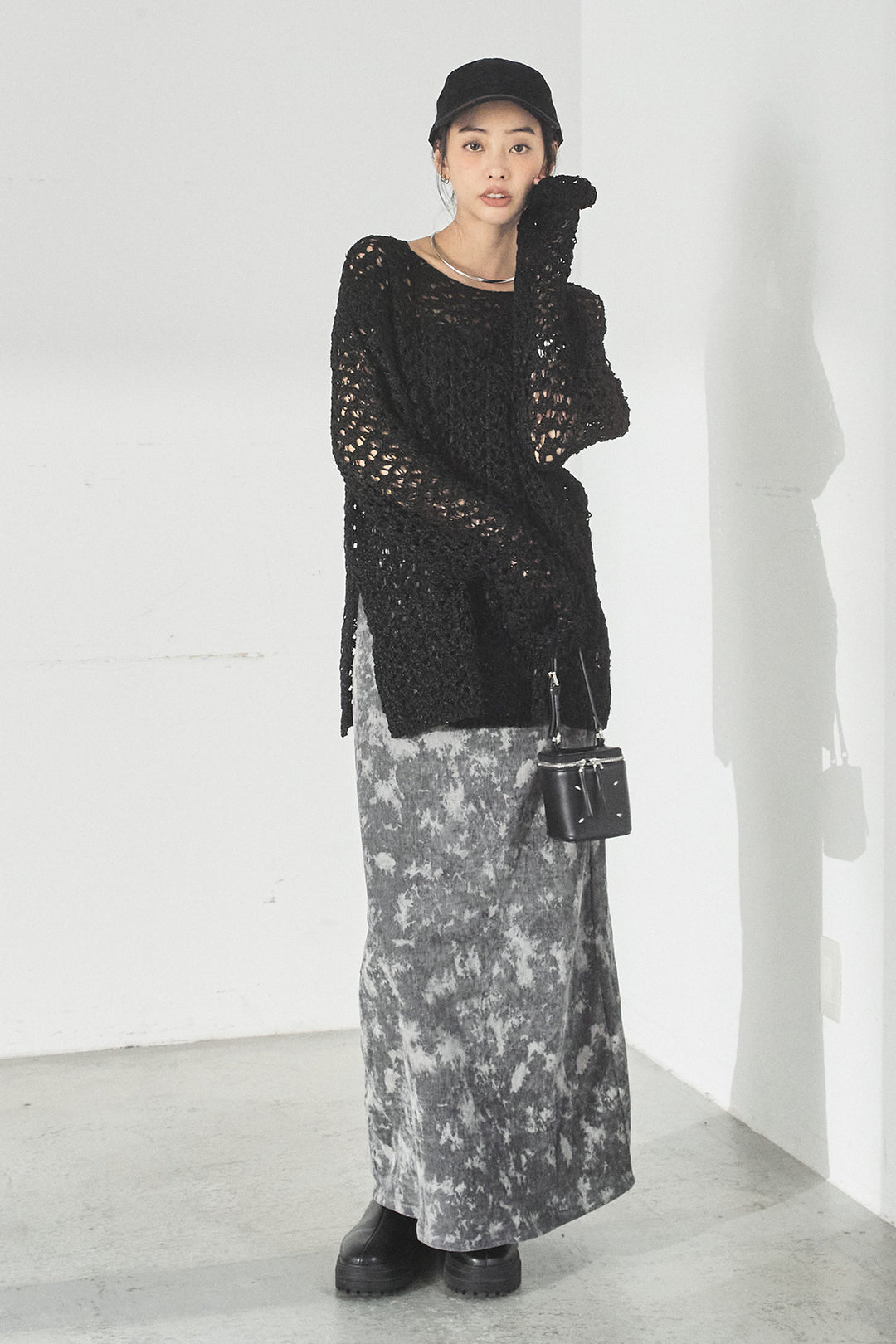 [SET]リラックスメッシュニットトップス+タイダイ柄ベロアワイドスカート(2set)