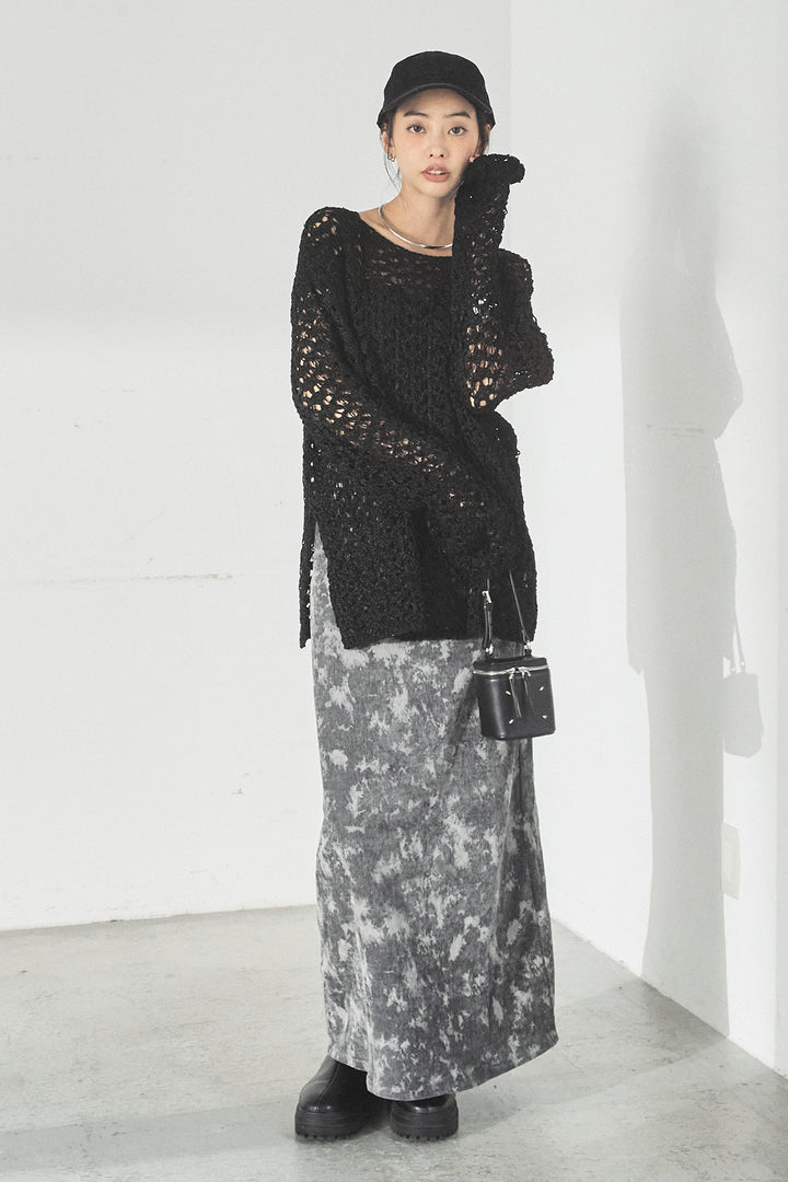 [SET]リラックスメッシュニットトップス+タイダイ柄ベロアワイドスカート(2set)