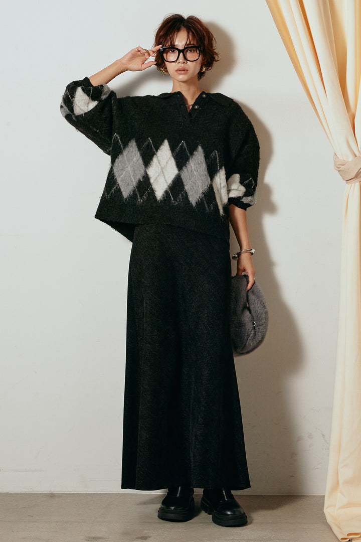 [SET]アーガイル柄ポロニットトップス+スウェードライクロングスカート(2set)