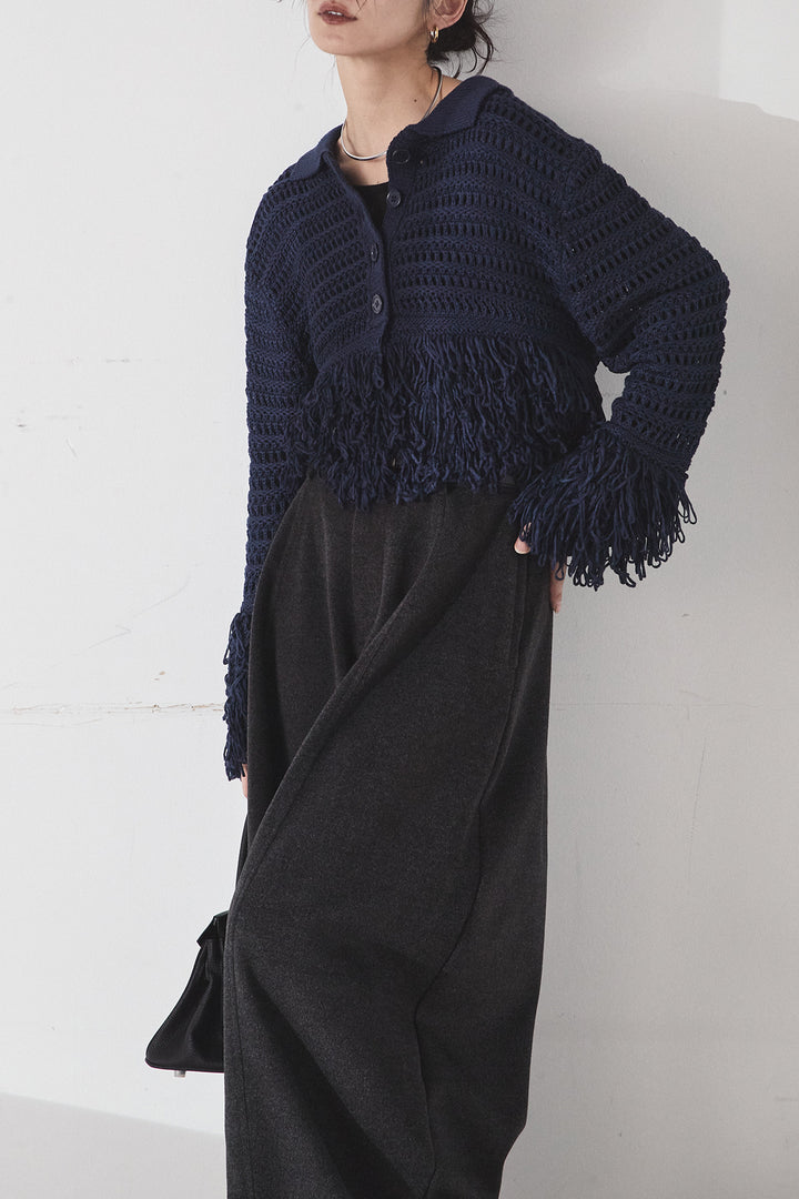 [SET]メッシュフリンジカーディガン+ウールタッチカーブワイドパンツ(2set)
