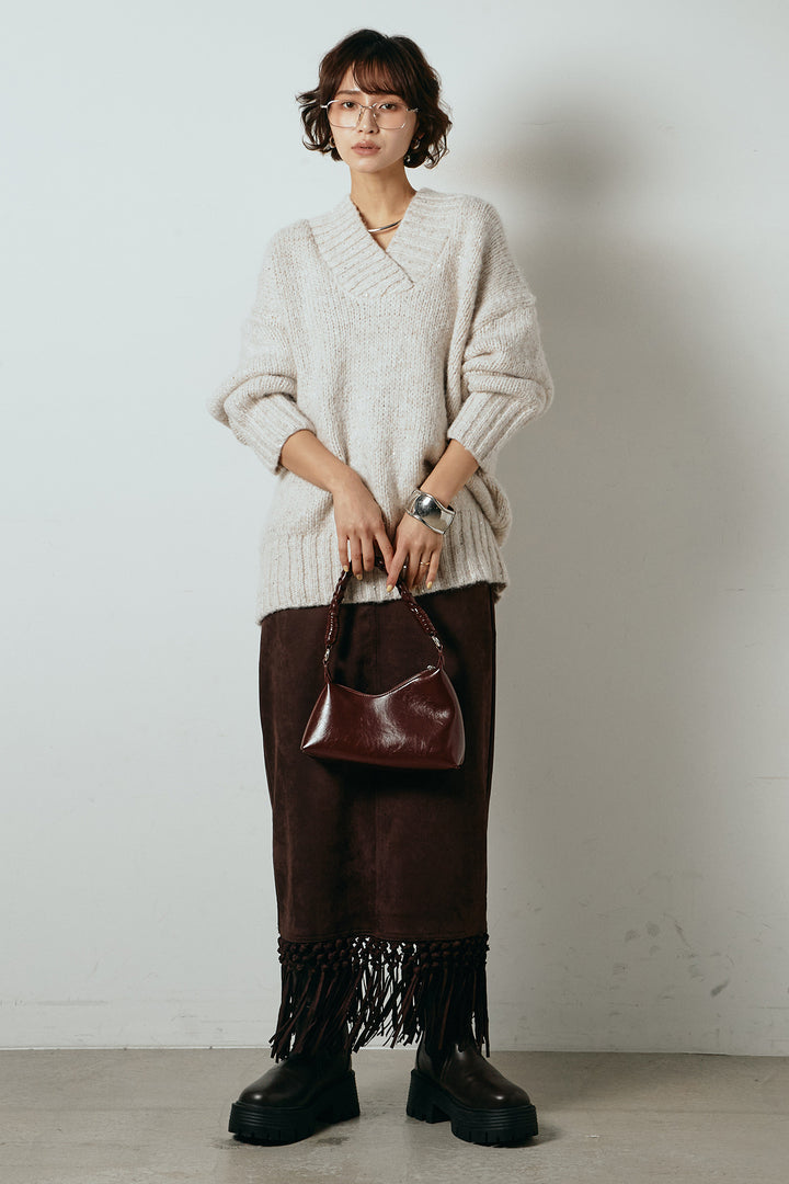 [SET]Vネックラメニットトップス+スウェードライク裾フリンジスカート(2set)