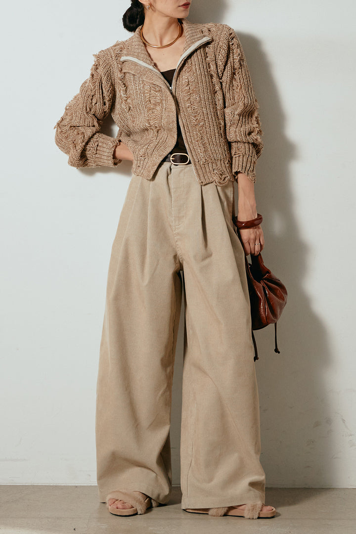 [SET]ハイネックフリンジジップニットトップス+フロントタック入りコーデュロイパンツ(2set)