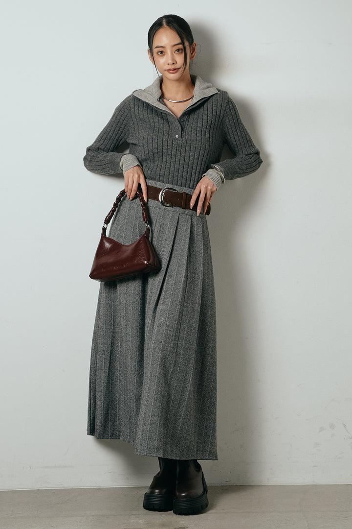 [SET]レイヤード風リブニットトップス+太ベルト付きヘリンボーンプリーツスカート(2set)