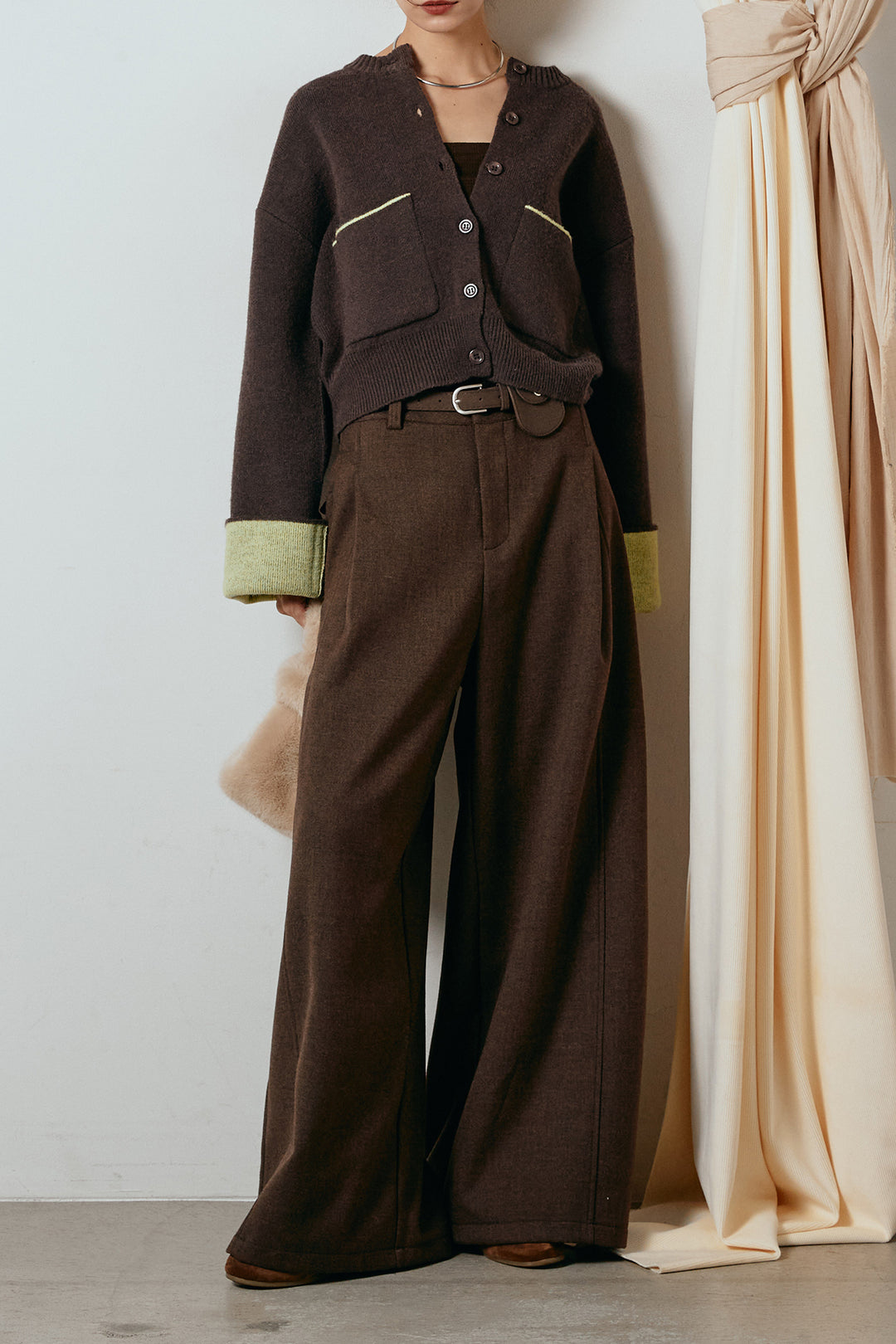 [SET]アルパカタッチダブルフェイスカーディガン+ポーチベルト付きカーブパンツ(2set)