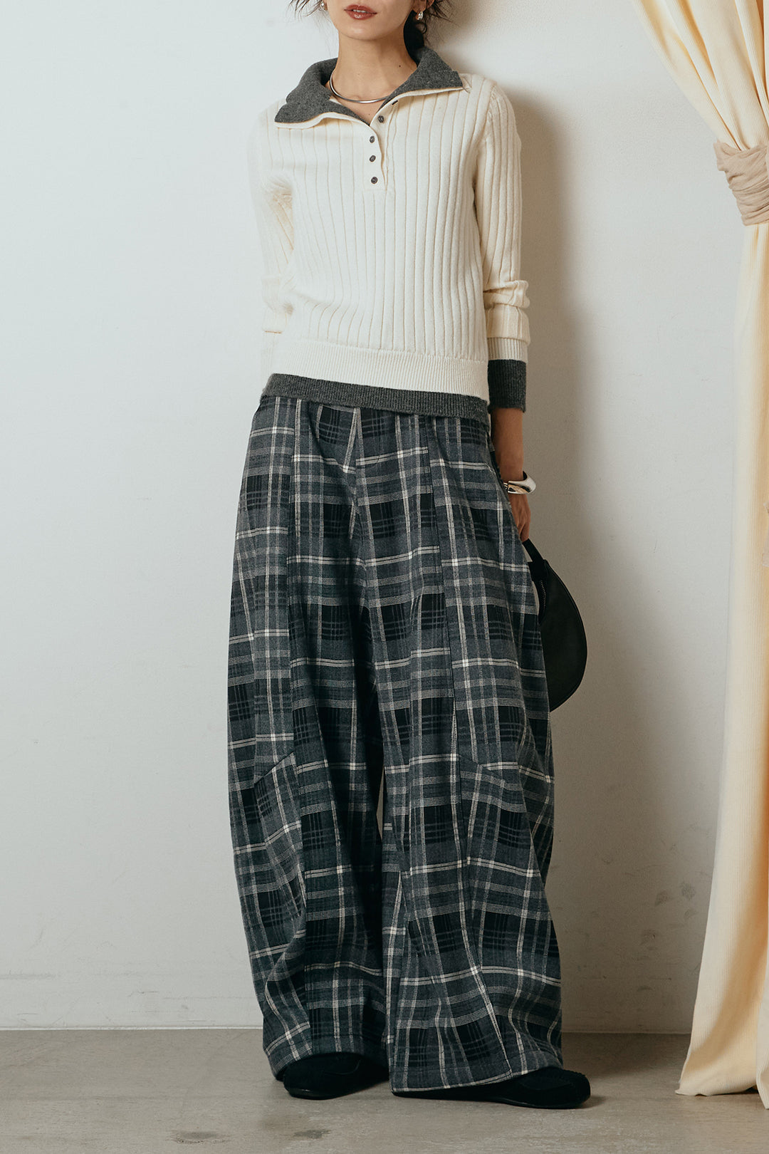 [SET]レイヤード風リブニットトップス+ベルト付きタータンチェックカーブワイドパンツ(2set)