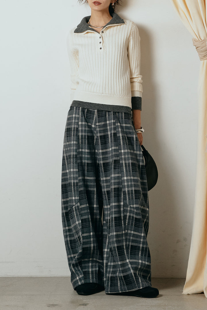[SET]レイヤード風リブニットトップス+ベルト付きタータンチェックカーブワイドパンツ(2set)