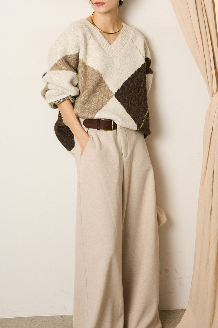 [SET]ルーズアーガイルVネックニット+サイドベルトパンツ(2set)