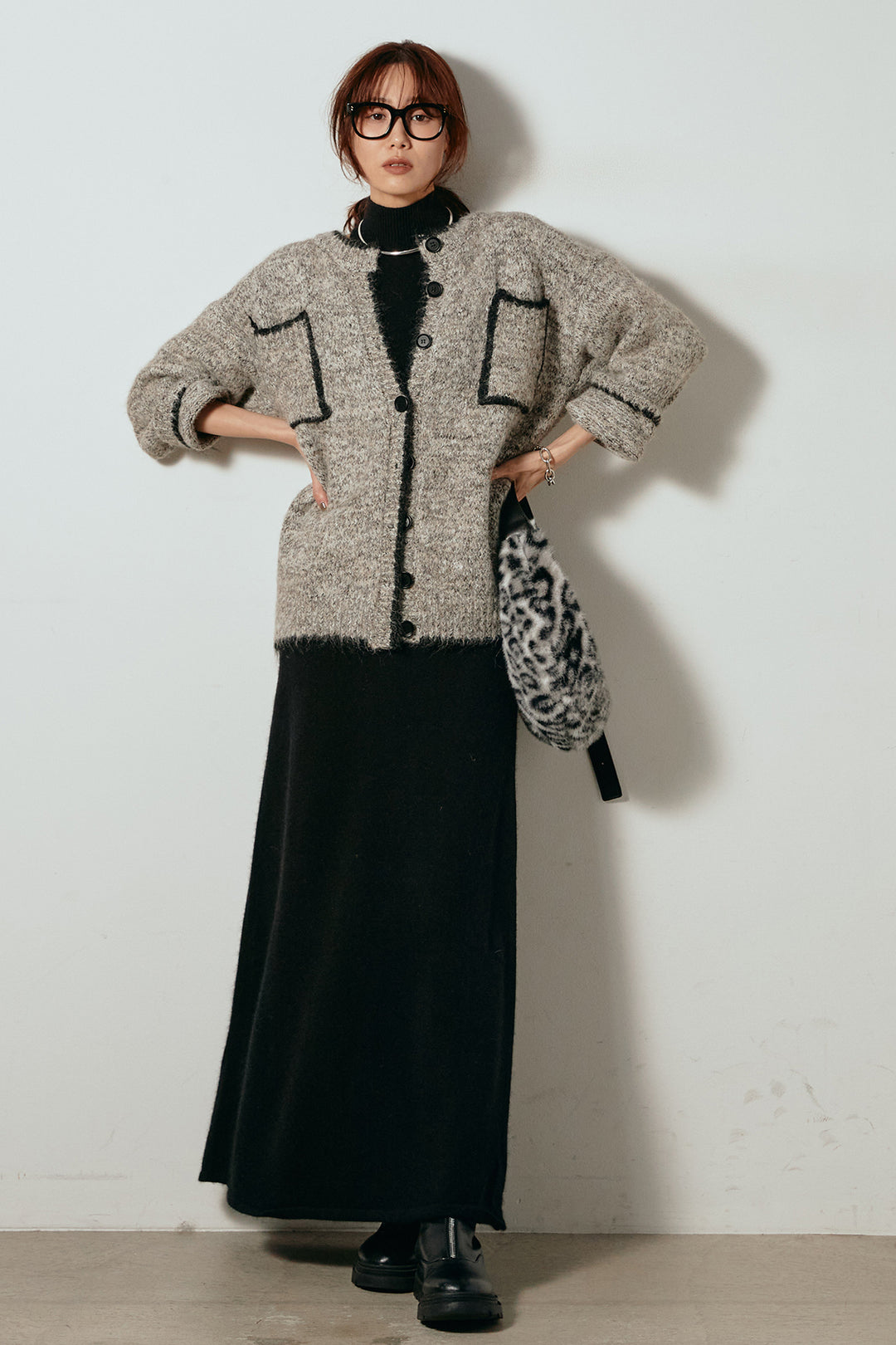 [SET]ミックスニットポケットカーディガン+ノースリーブニットロングワンピース(2set)