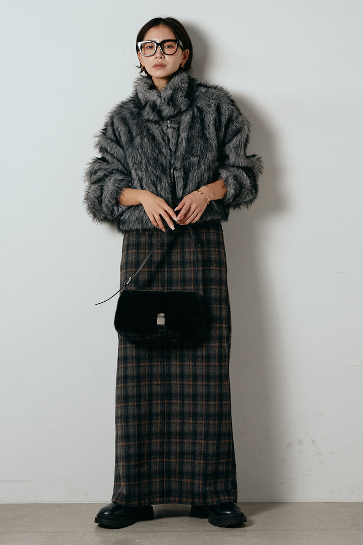 [SET]エコファーショート丈ブルゾン+シャギーチェックストレートスカート(2set)