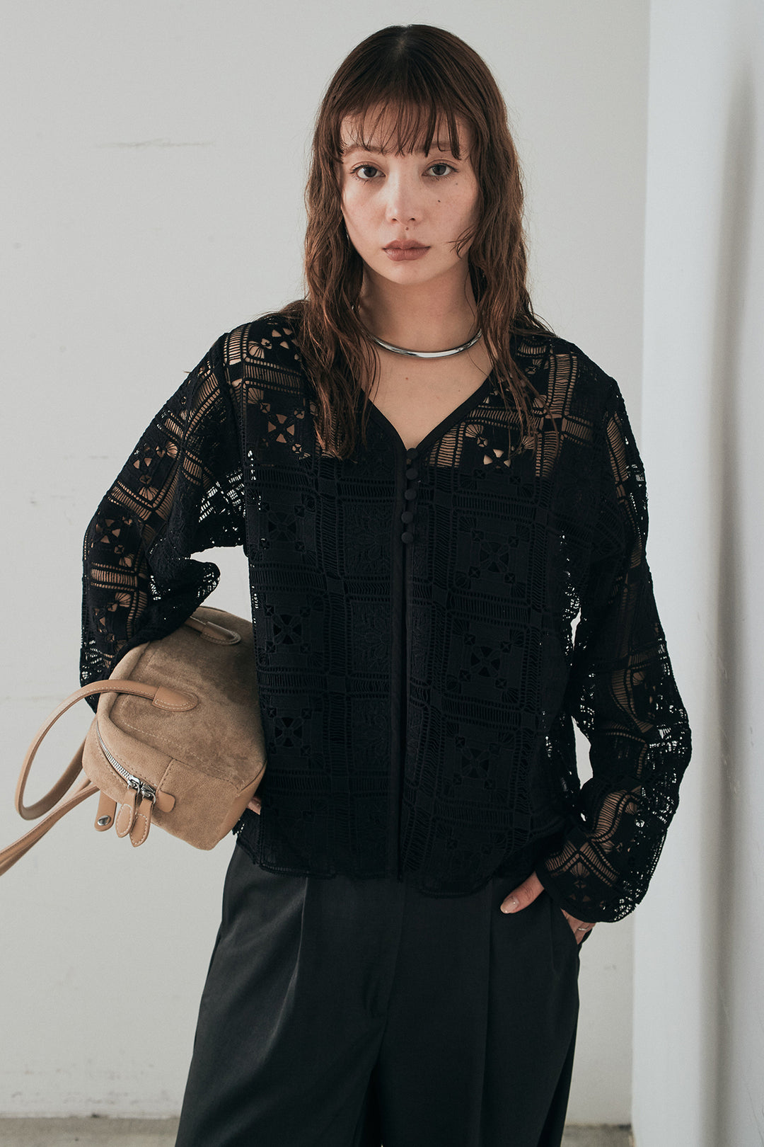 [SET]クロシェレースカーディガン+センタープレスセミワイドパンツ(2set)