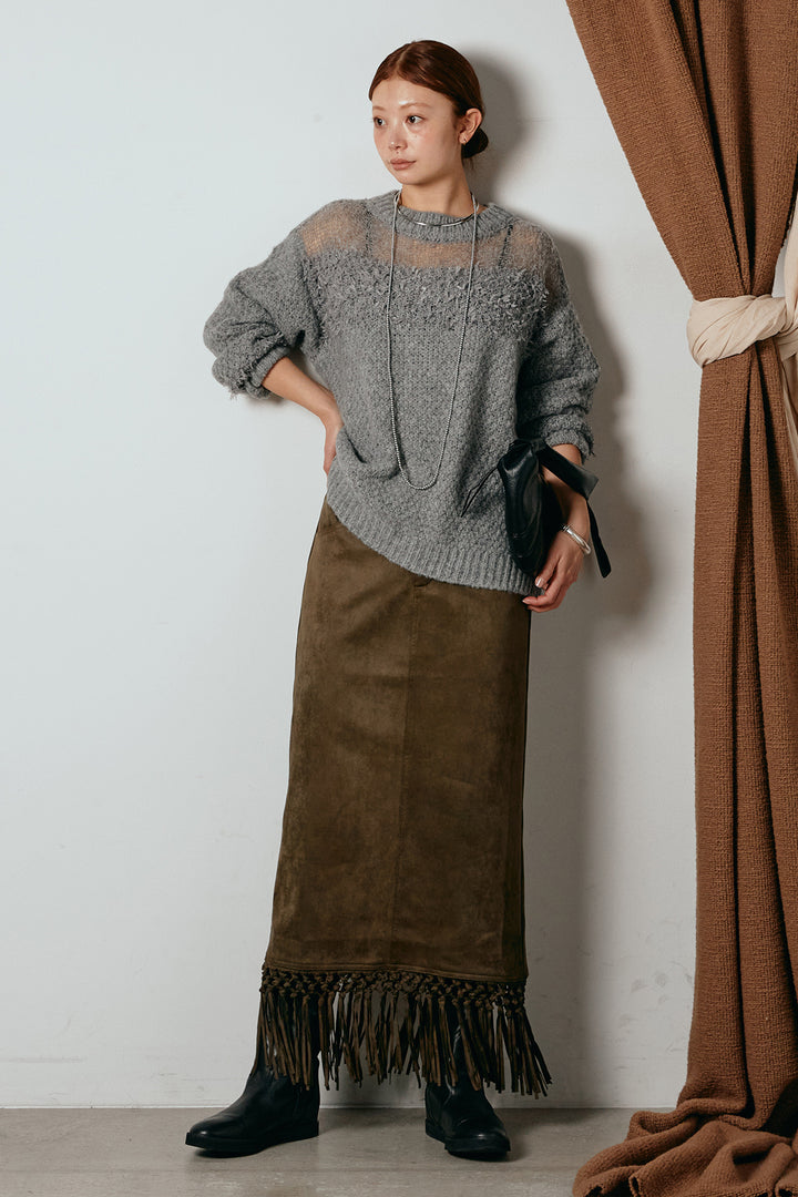 [SET]パターンランダム編みニットトップス+スウェードライク裾フリンジスカート(2set)