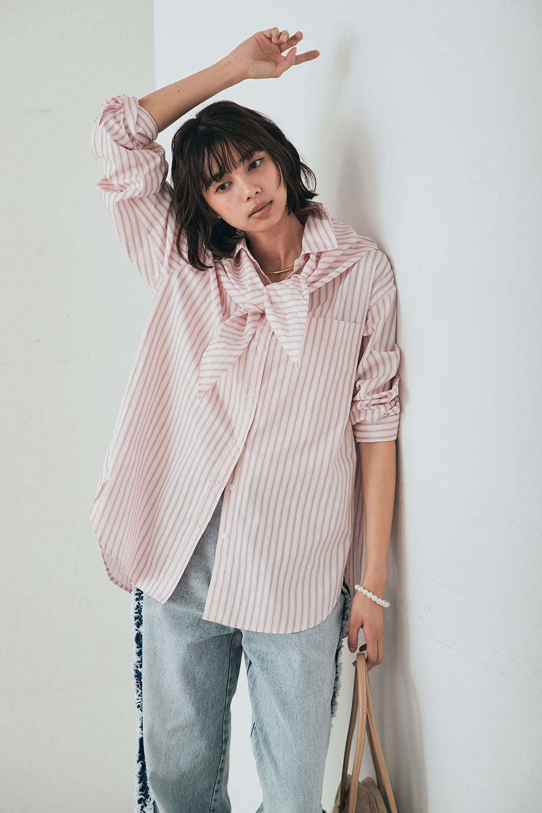 [SET]ランダムストライプスカーフ付きシャツ+デニムサイドフリルパンツ(2set)
