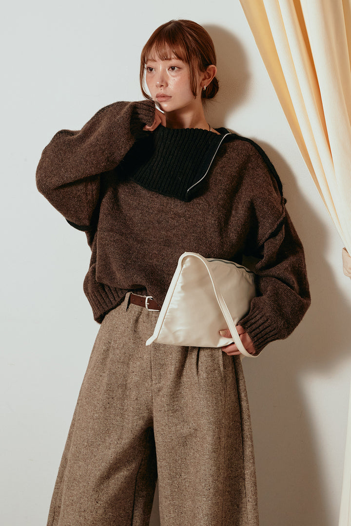 [SET]ハイネックジップデザインニットトップス+ベルト付きネップツイードカーブパンツ(2set)