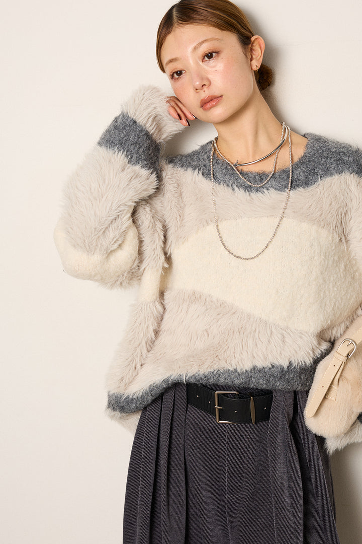 [SET]シャギーウェーブ柄クルーネックニットトップス+ベルトループコーデュロイワイドパンツ(2set)