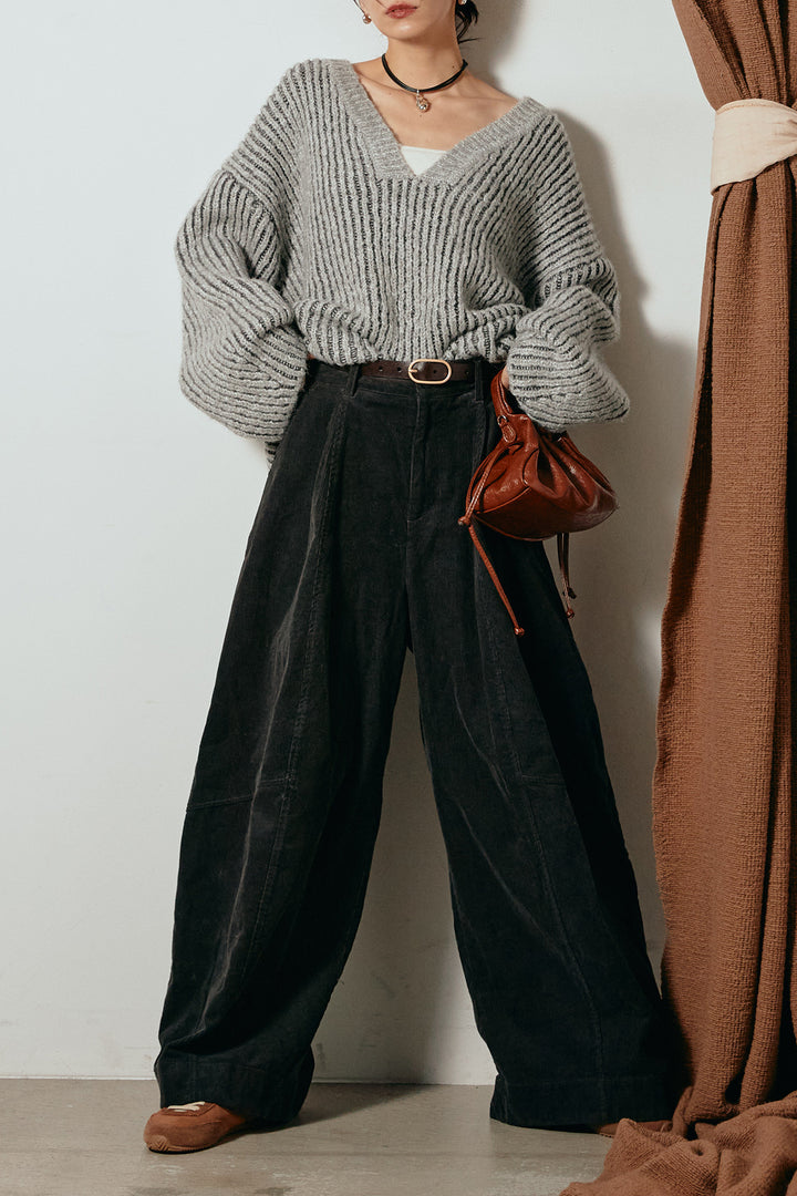 [SET]アルパカタッチ深Vニットトップス+タック入りコーデュロイワイドパンツ(2set)