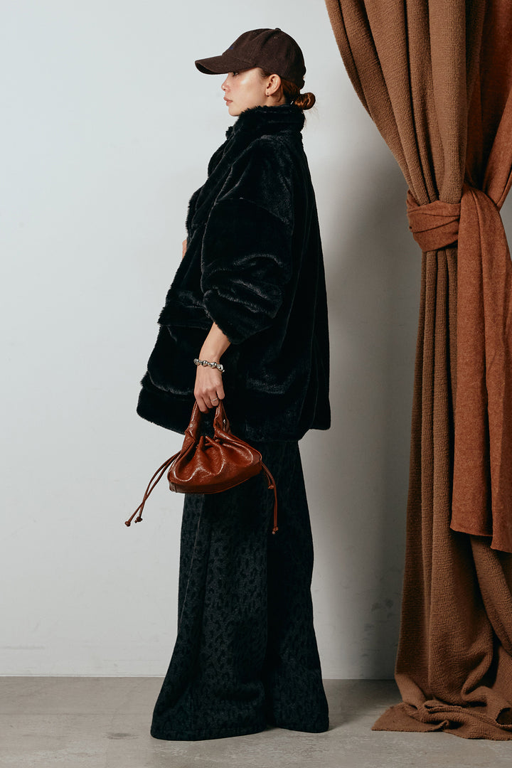 [SET]スタンドネックファーコート+レオパードジャガードニットパンツ(2set)