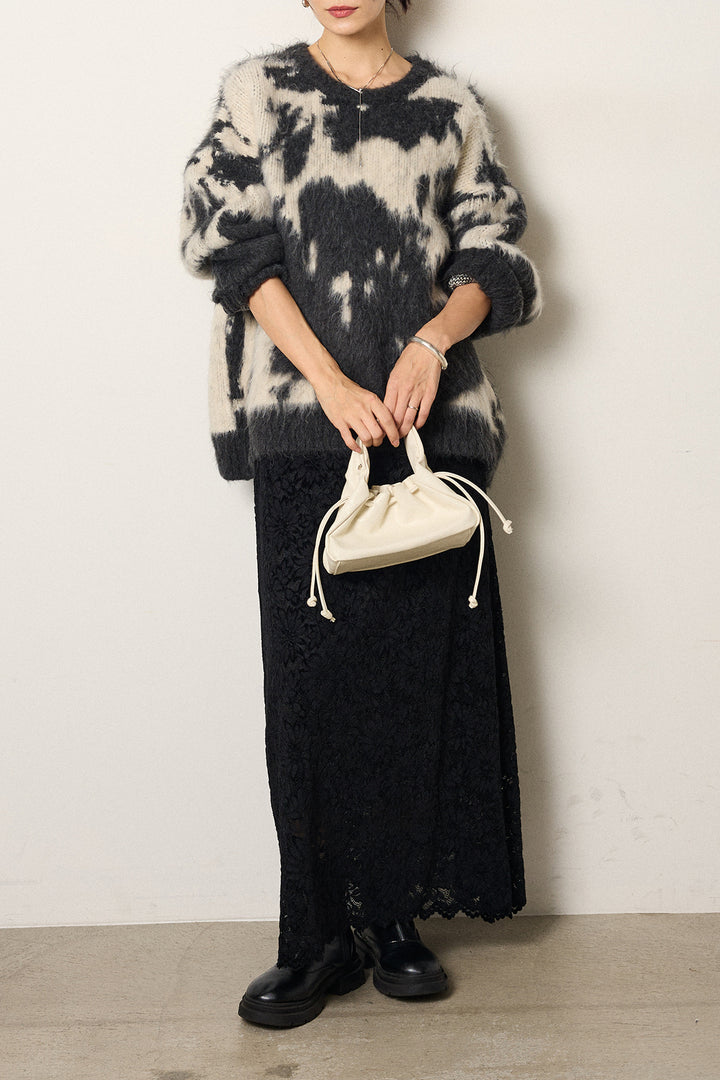 [SET]モヘアタッチマーブルニット+花柄刺繍ベロアフレアスカート(2set)