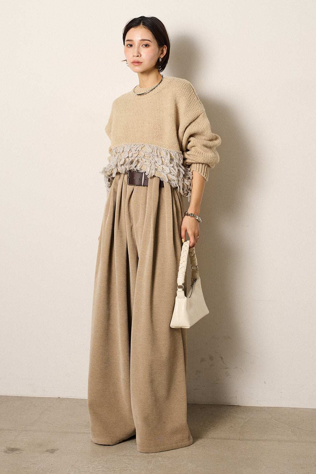 [SET]ループ編み切り替えニットプルオーバー+ベルトループコーデュロイワイドパンツ(2set)