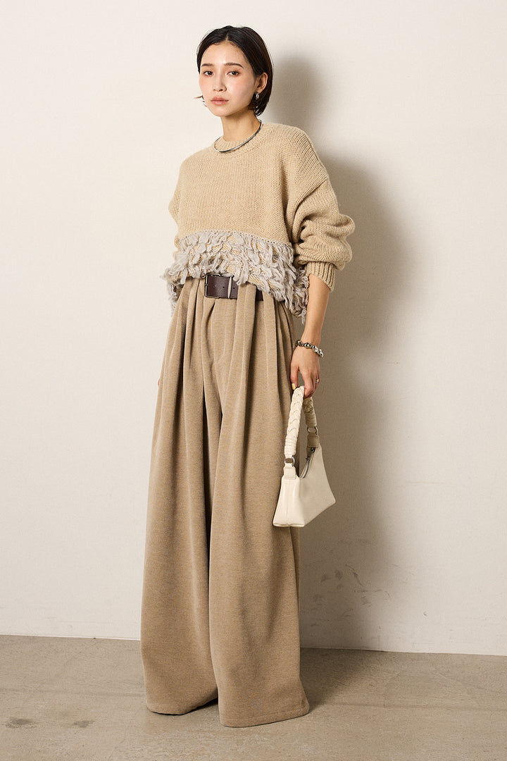 [SET]ループ編み切り替えニットプルオーバー+ベルトループコーデュロイワイドパンツ(2set)