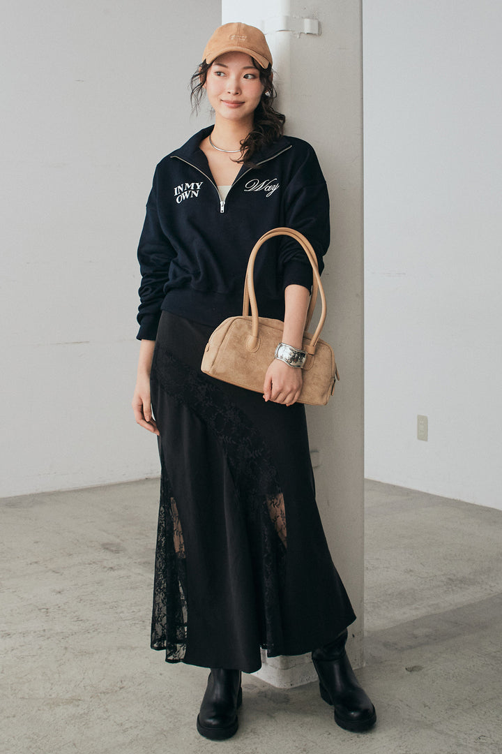 [SET]裏毛ロゴ刺繍ハーフZIPスウェット+刺繍レースデザインサテンスカート(2set)