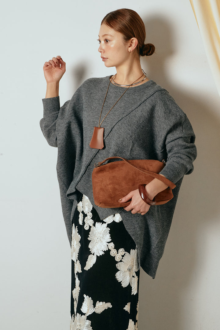 [SET]アシンメトリーデザインニットトップス+フラワー刺繍ワイドスカート(2set)