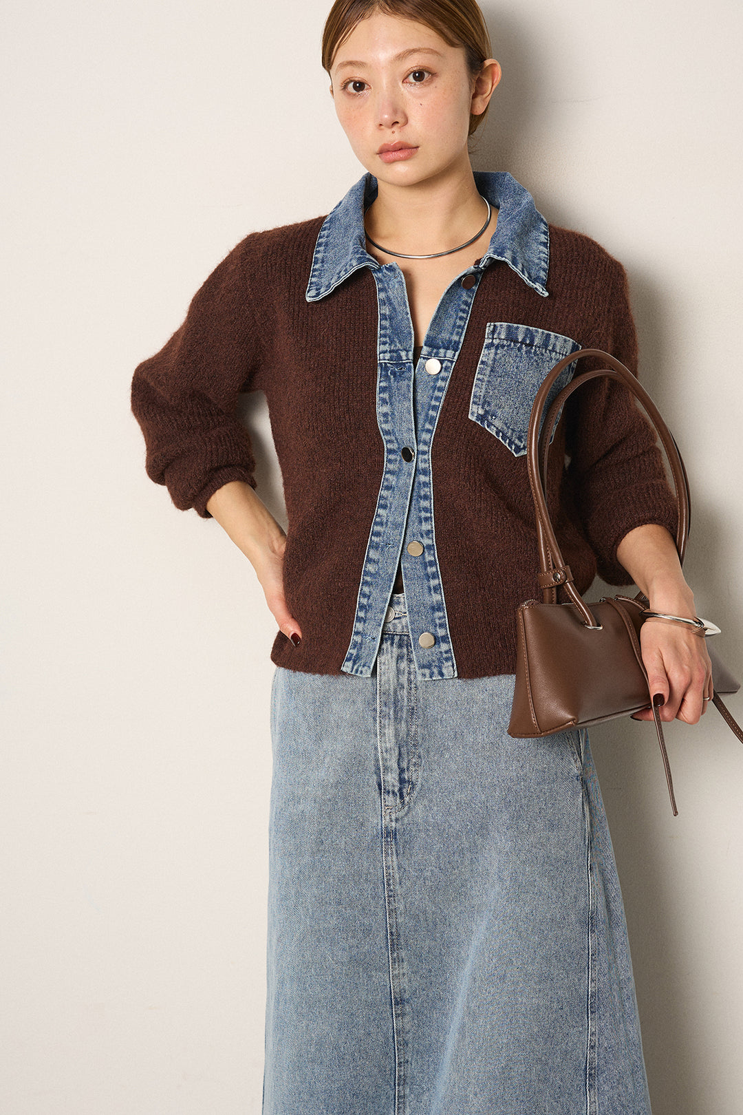 [SET]襟付きデニム切替ニットカーディガン+デニムロングフレアスカート(2set)