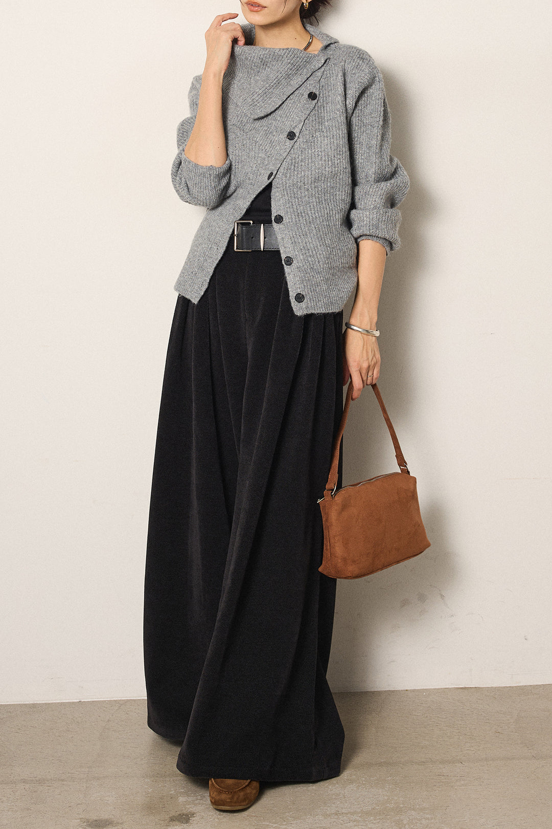 [SET]ボタンデザインネックニットプルオーバー+ベルトループコーデュロイワイドパンツ(2set)