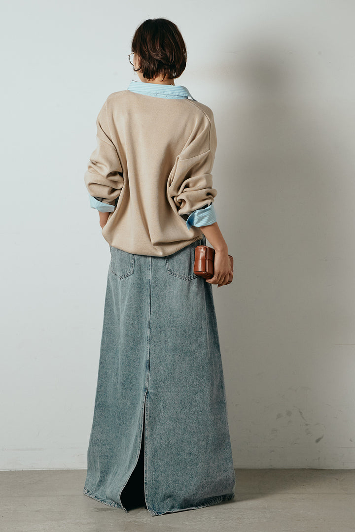 [SET]ストライプシャツドッキングポロトップス+デニムロングフレアスカート(2set)