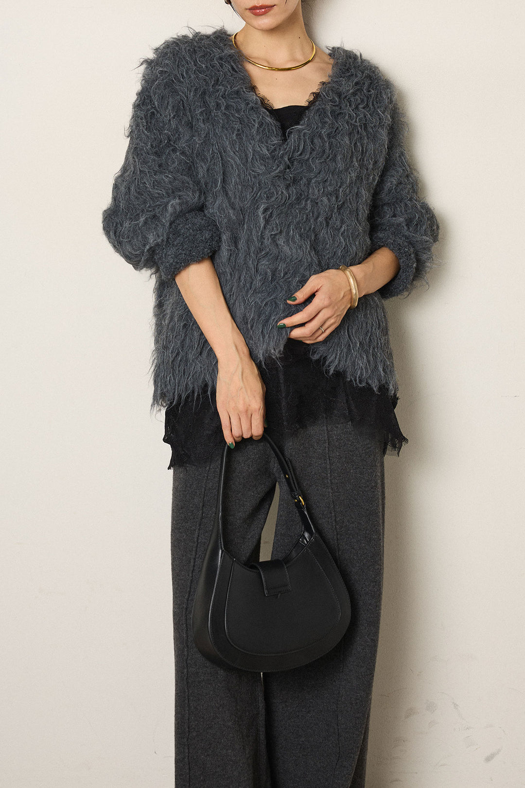 [SET]起毛シャギーニットカーディガン+レース切り替えキャミソール(2set)