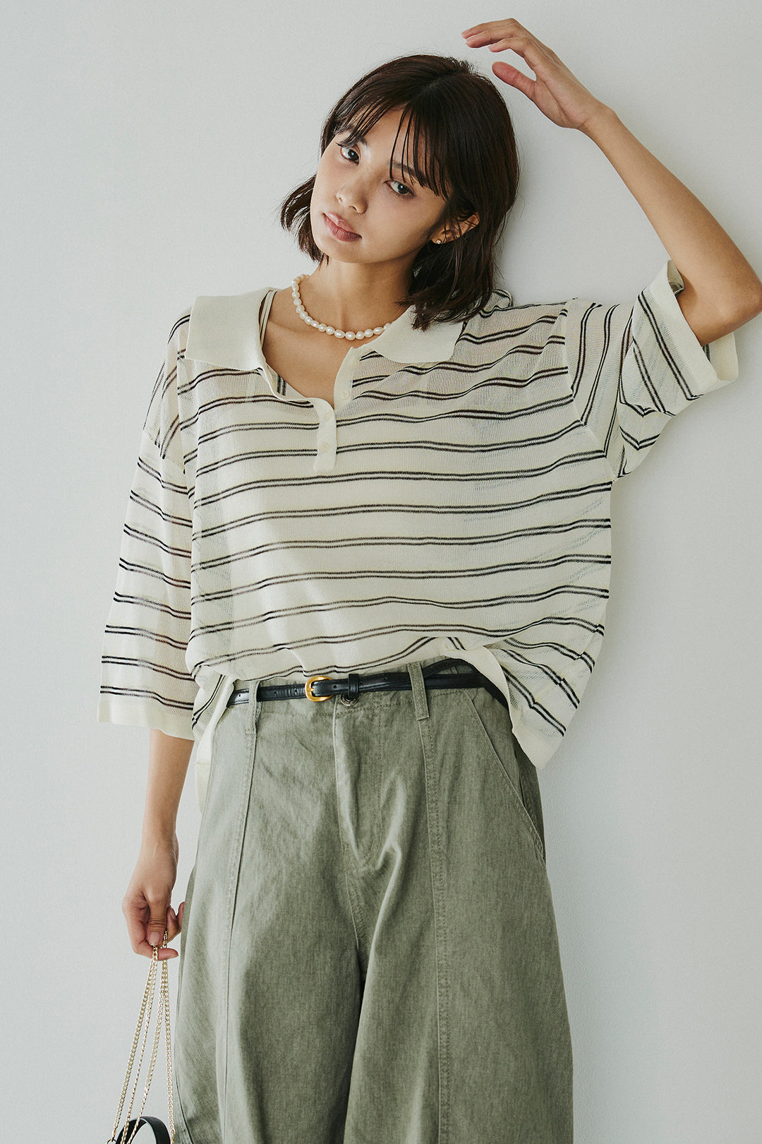 [SET]ボーダーニットポロシャツ+サイドベルトカーブワイドパンツ(2set)