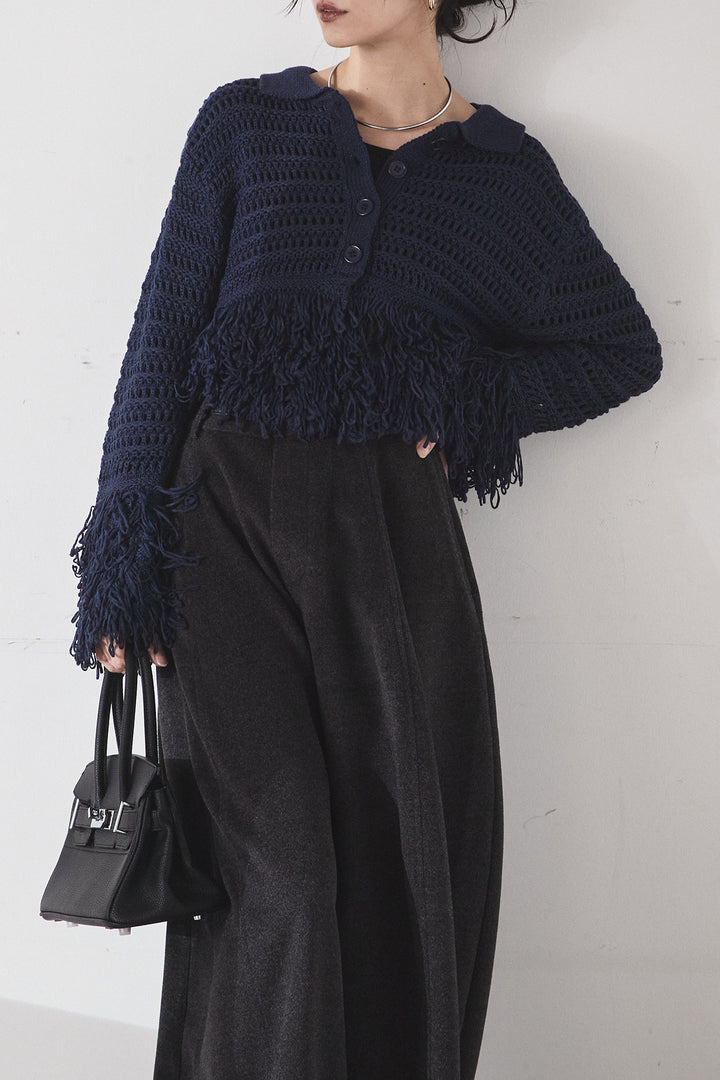 [SET]メッシュフリンジカーディガン+ウールタッチカーブワイドパンツ(2set)