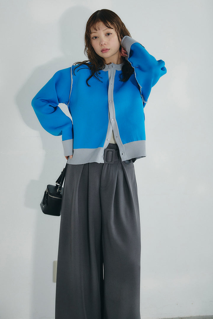 [SET]リバーシブル配色ニットカーディガン+ベルト付きツータックワイドパンツ(2set)