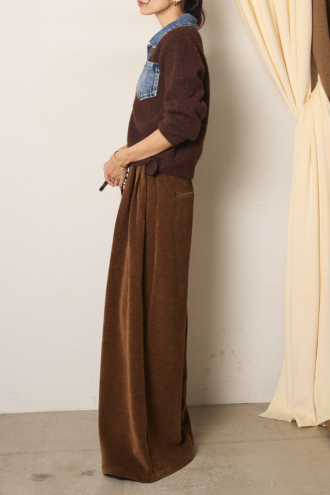 [SET]襟付きデニム切替ニットカーディガン+ベルトループコーデュロイワイドパンツ(2set)