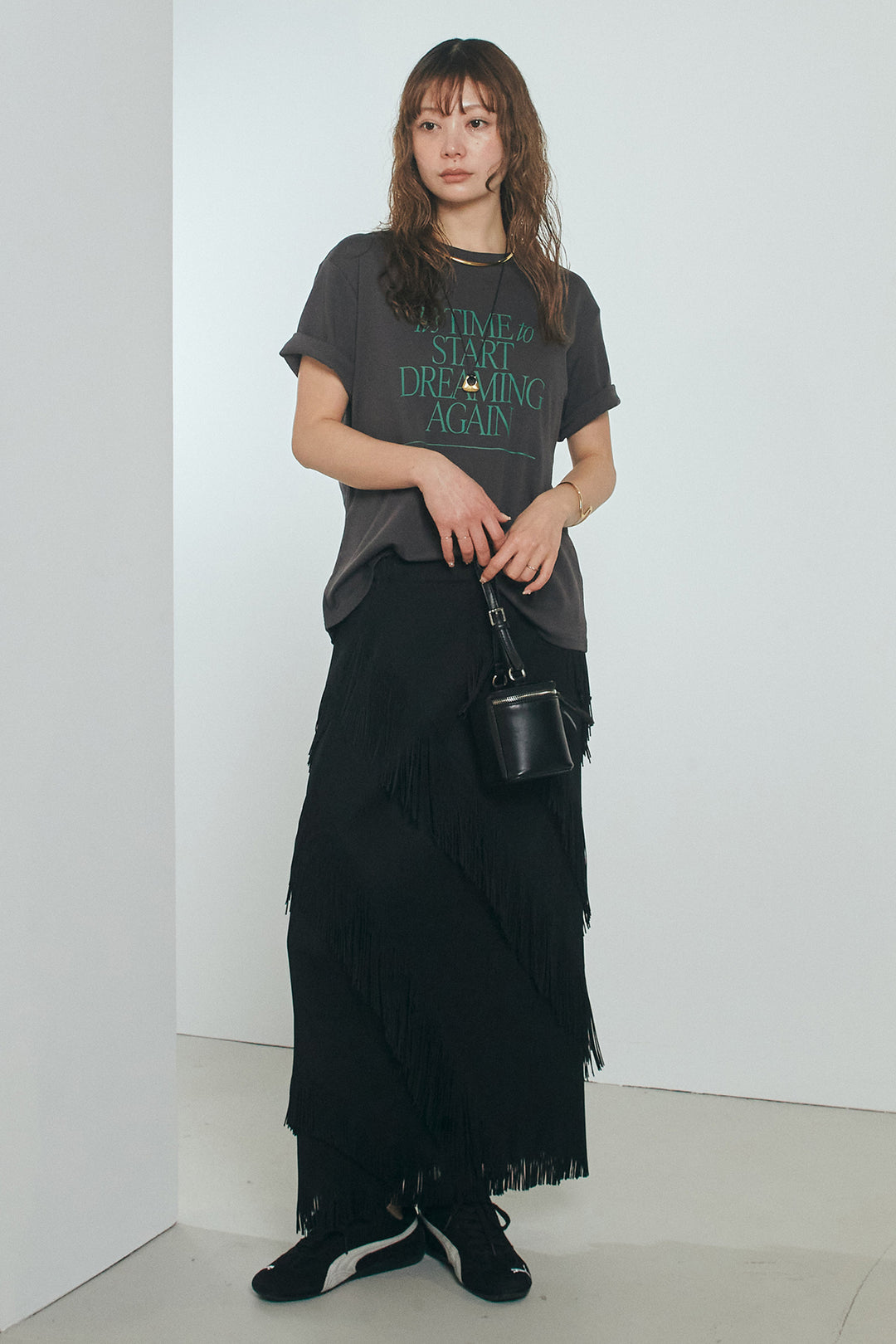 [SET]半袖TIMEロゴカットソー+斜めフリンジデザインスカート(2set)