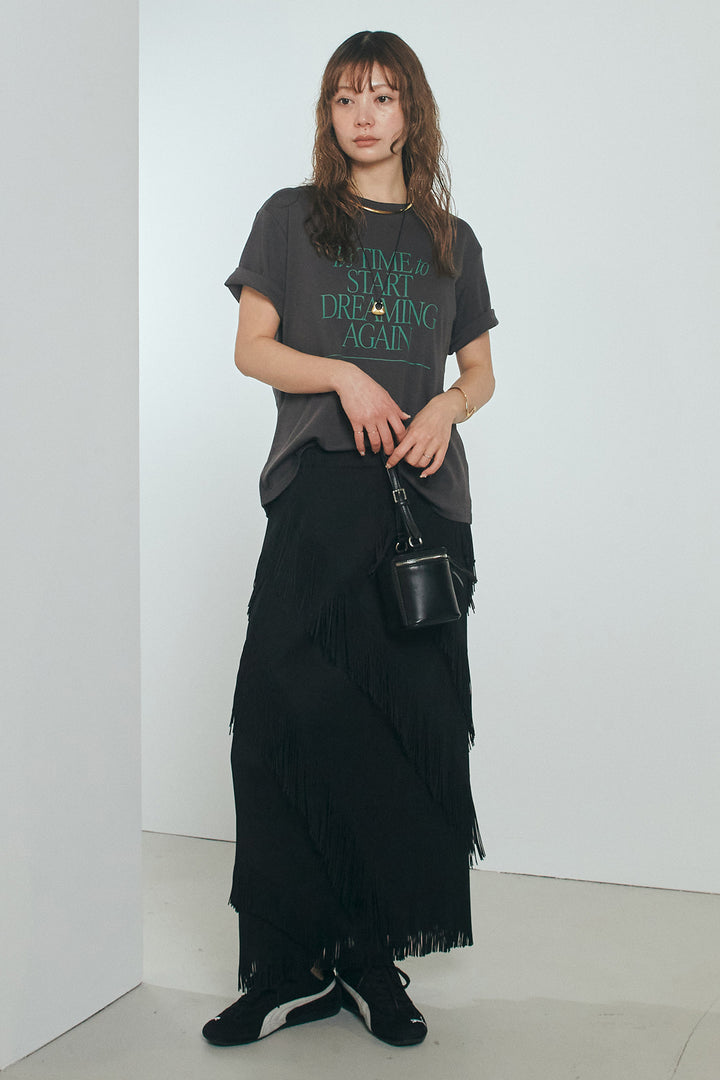 [SET]半袖TIMEロゴカットソー+斜めフリンジデザインスカート(2set)