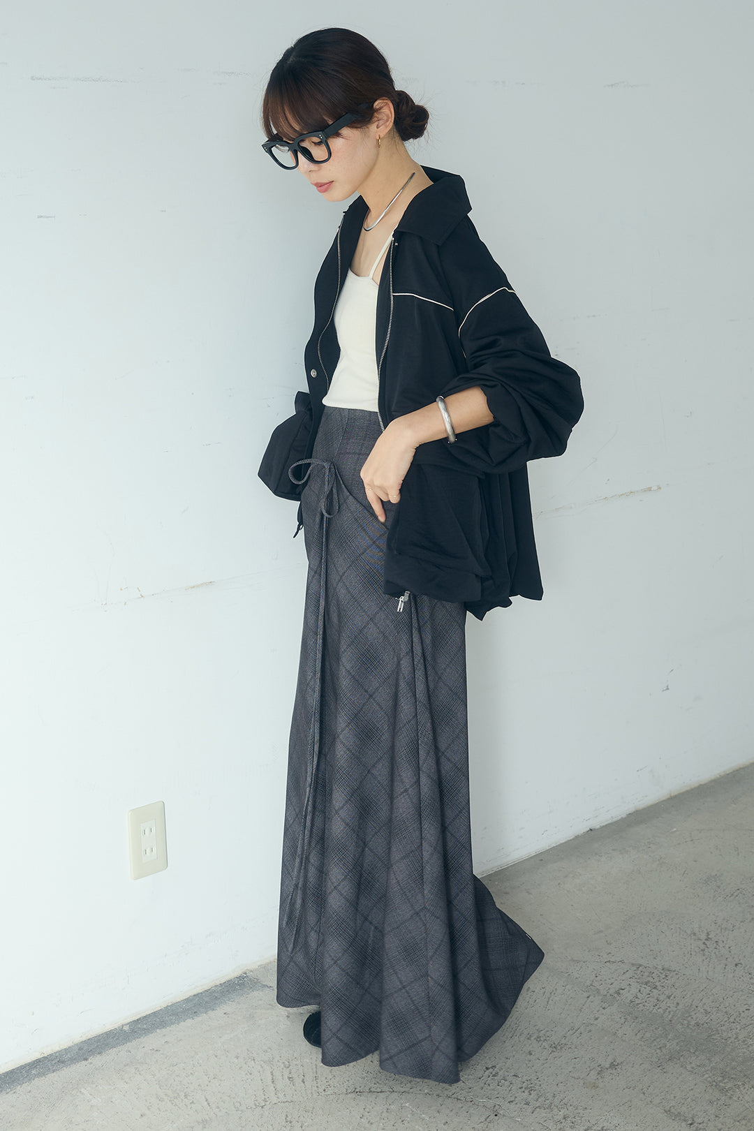 [SET]合繊ツイルバルーンジャケット+タータンチェック柄フロントデザインスカート(2set)
