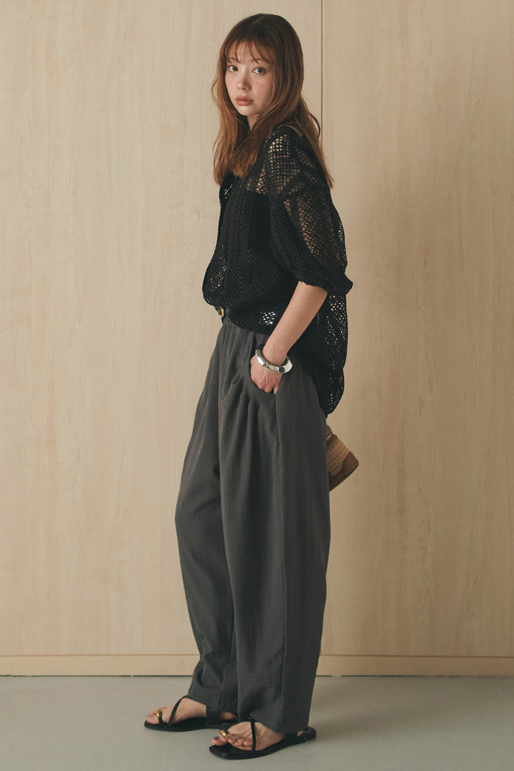 [SET]長袖襟付きレースシャツ+ポケットタックフォルムパンツ(2set)