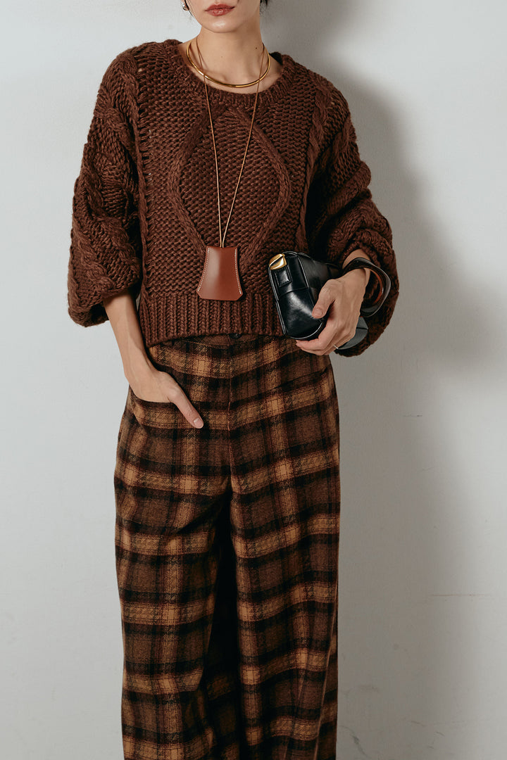 [SET]ロービングケーブルショート丈プルオーバー+ルーズタータンチェックワイドパンツ(2set)