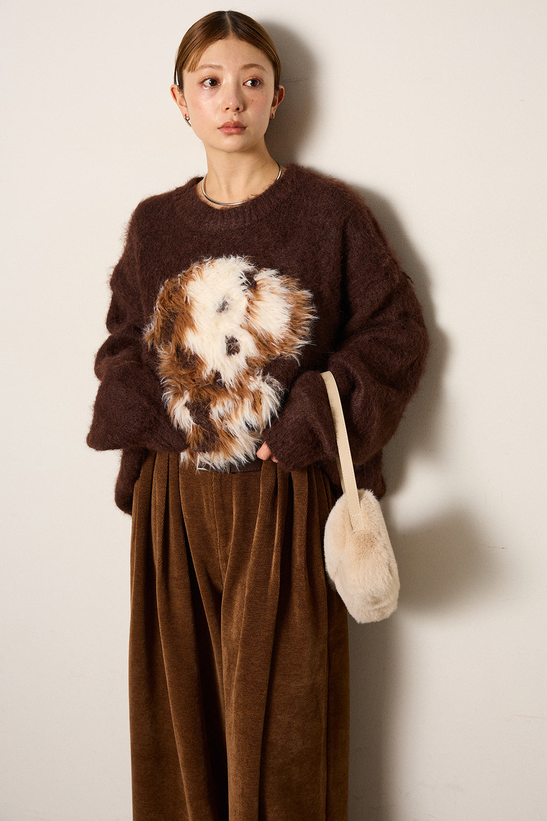 [SET]シャギーニュアンスアニマルニット+ベルトループコーデュロイワイドパンツ(2set)