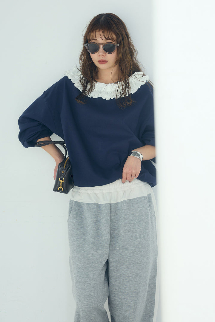 [SET]ネックギャザーフリルスウェット+異素材切り替えスウェットパンツ(2set)