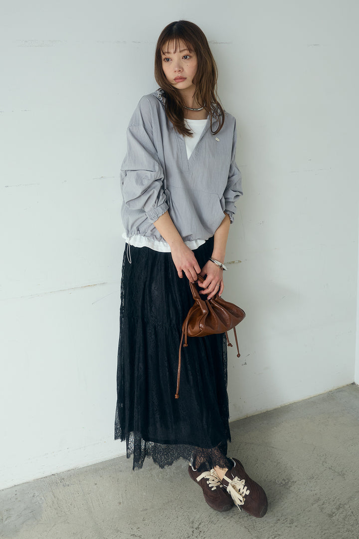 [SET]レイヤードデザインフーディートップス+ひげレース切替ロング丈スカート(2set)