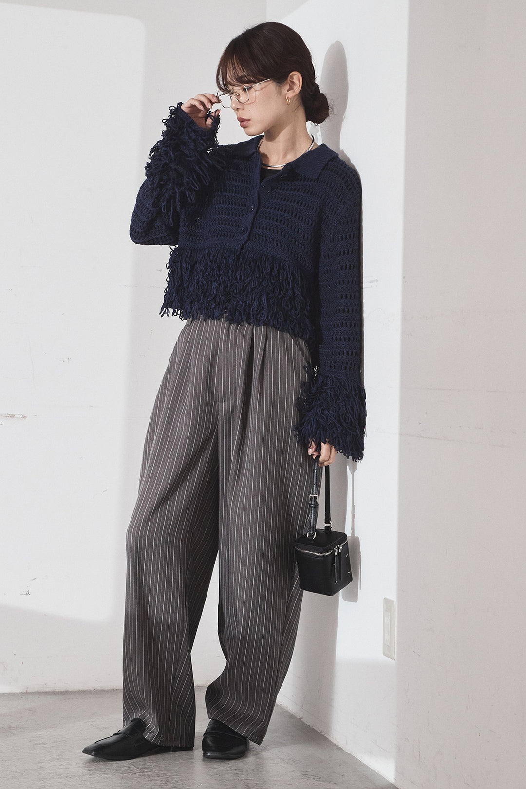 [SET]メッシュフリンジカーディガン+ヘリンボーンストライプツータックパンツ(2set)