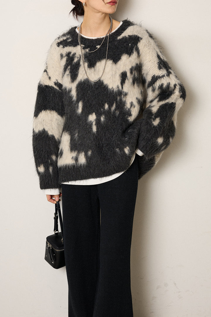 [SET]モヘアタッチマーブルニット+箔プリントBIGシルエットロングスリーブTシャツ+ワイドリブニットイージーパンツ(3set)