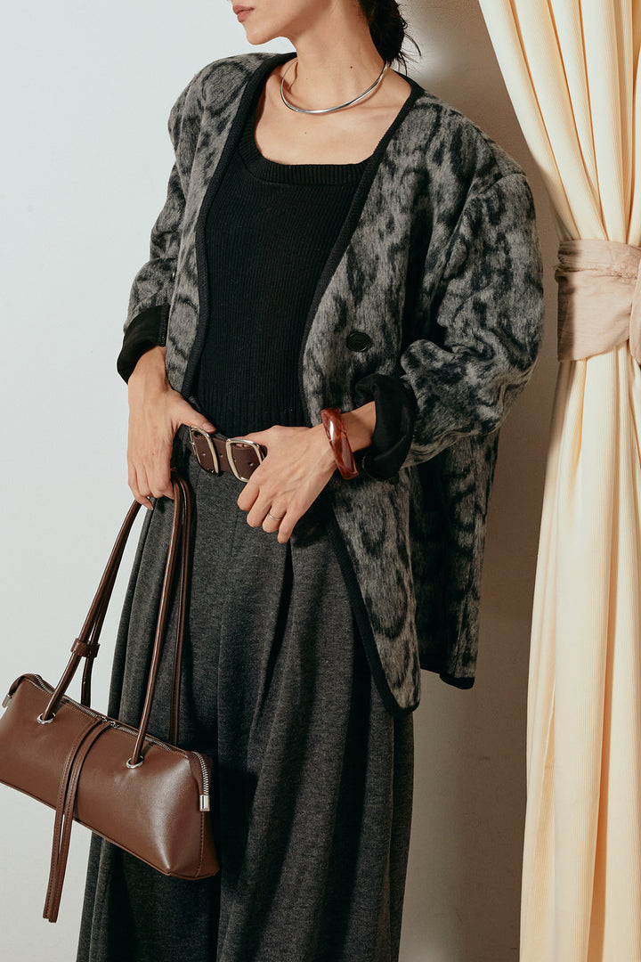 [SET]ノーカラーレオパード柄アウター+フェイクレザー太ベルト付きタックワイドパンツ(2set)