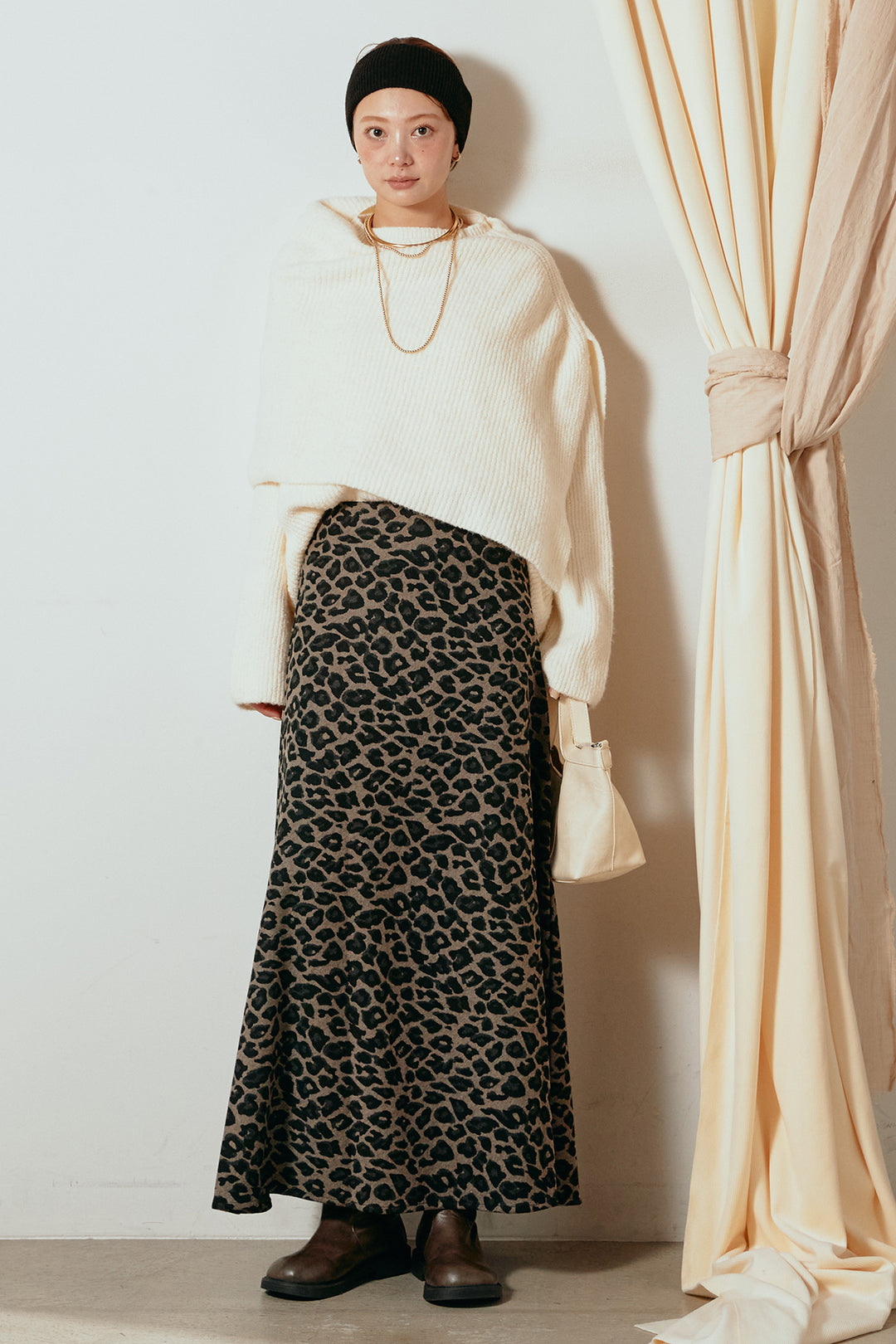 [SET]ケープデザインリブニットトップス+レオパードロングスカート(2set)